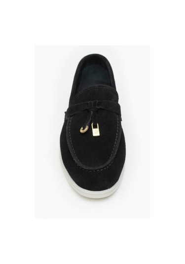 Aska Shoes Hakiki Deri Püskül Detaylı Düz Taban Kadın Babet Siyah