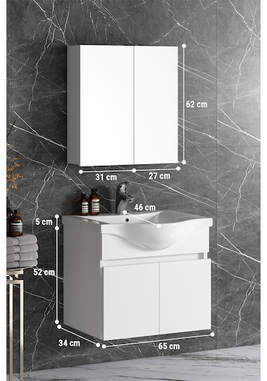 Yıldız 65 Cm Beyaz Mdf Seramik Lavabolu Asma Banyo Dolabı Takımı Beyaz