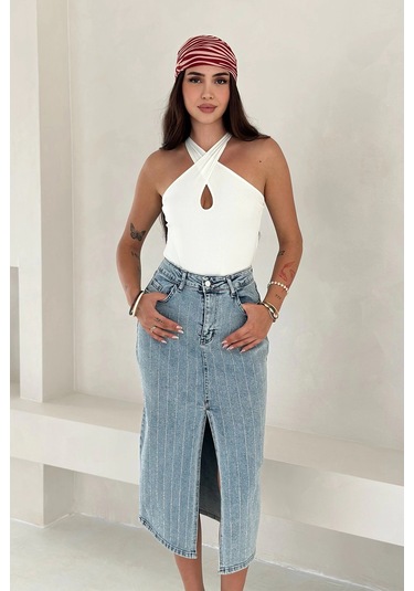 Paralel Taşlı Yırtmaçlı Denim Etek Mavi Mavi