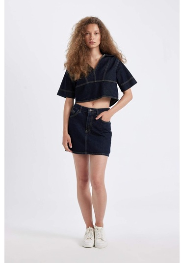 Defacto Fashion Fit Polo Yaka Kısa Kollu Jean Bluz D3716AX24AUNM34