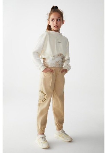 Kız Çocuk Kapüşonlu Triko Garnili Sweatshirt-13358-krem Krem