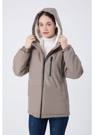 Kadın Vizon İçi Kürklü Su Ve Rüzgar Geçirmez Kapüşonlu Kışlık Mont & Kaban & Parka Vizon