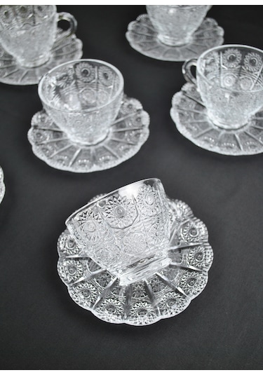 12 Parça Kristal Cam Çay Seti 200 Ml 6 Kişilik Lüx Çay Fincan Ta Şeffaf