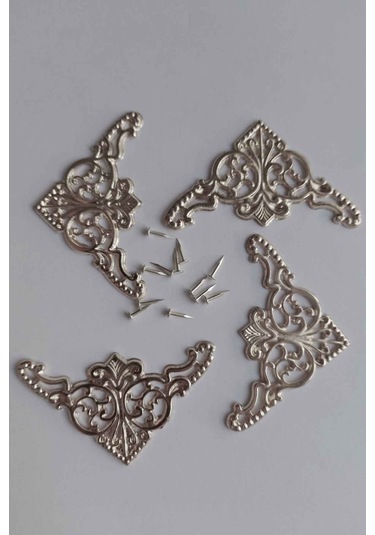 Büyük Boy Kutu Sandık Kapak Köşe Süsleme Takımı Çivili 4 Adet Nikel Renk