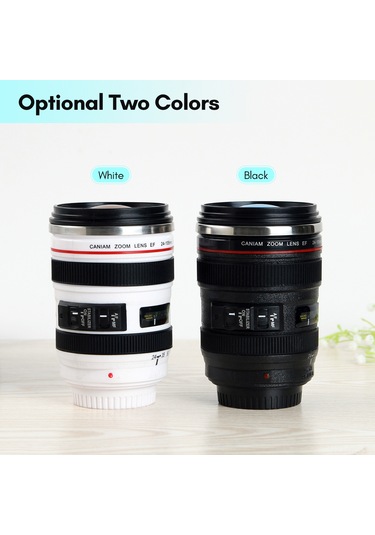 Yunboo Kameramanlar İçin 400ml Paslanmaz Çelik Termos Bardak, Kamera Lens Desenli, Dışarıdaki Kahvenizi Isıtık Tutar, Sızıntı Engeli Siyah Beyaz