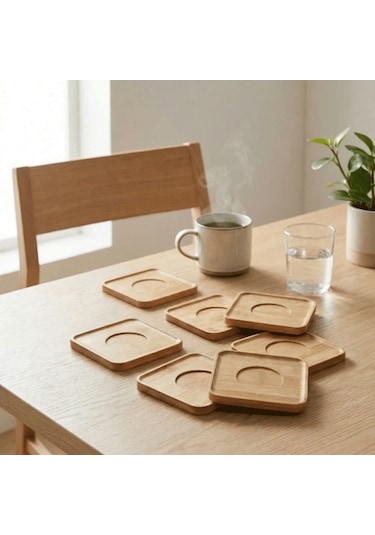 6 Lı Bambu Kare Çay Tabağı Seti 10x10 Cm Doğal Ahşap Görünümlü Servis Tabakları Ahşap