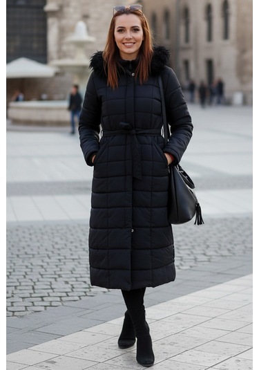 Günlük Kışlık Tam Boy Kürklü Kadın Siyah Şişme Mont Siyah