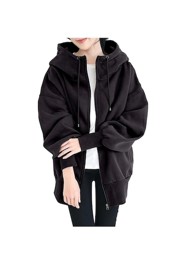 Novahub Uzun Kollu Kapüşonlu Bağcıklı Cep Fermuarlı Hırka Kazak Sweatshirt Kadın İlkbahar Ve Sonbahar Peluş Kazak Büyük Beden S-5xl Siyah - 2xl Siyah