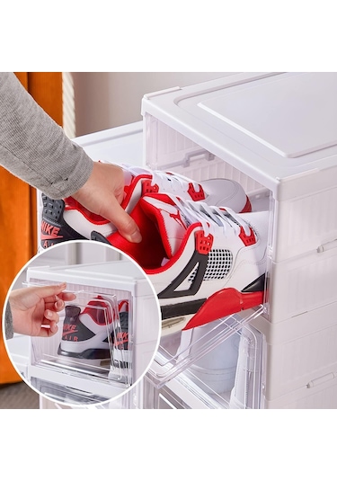 6 Katlı Kapaklı Katlanabilir Plastik Şeffaf Ayakkabı Dolabı Beyaz