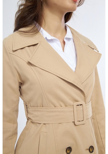 %100 Pamuk Ekstra Uzun 120cm Kruvaze Kadın Trençkot 1121 Açık Bej