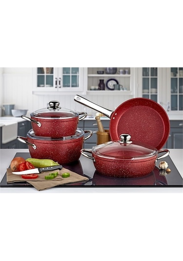 Evimsaray S9105 7 Prç Matilda Granit Tencere Seti Gümüş Kulplu Kırmızı Kırmızı