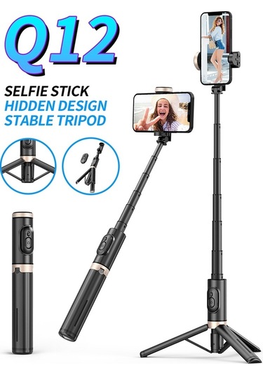 Butu Q12 Cep Telefonu Tutucu Tripod Uzatılabilir Alüminyum Alaşımlı Kutup Canlı Akış Selfie Sopa Bluetooth Uzaktan Kumanda İle