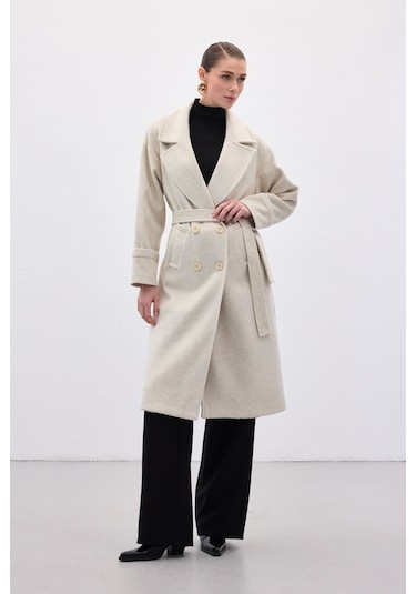 Sateen Beli Bağlamalı Uzun Kaban - Taş-136633 Taş