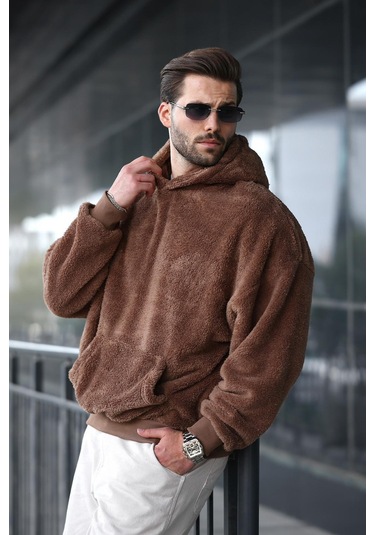 Kahverengi Peluş Kapüşonlu Erkek Sweatshirt 6050 Kahverengi