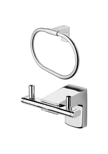 Ahlez Premium Ikili Bornoz Askılık Yuvarlak Havluluk Banyo Seti Krom