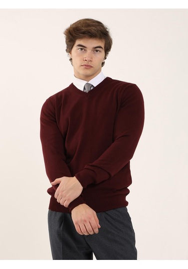 Dufy Bordo Erkek Slim Fit V Yaka Triko - 91117 Bordo