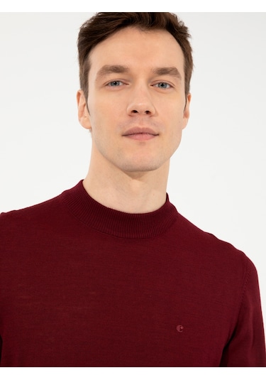 Cacharel Koyu Bordo Slim Fit Çeyrek Balıkçı Yaka Basic Triko Kazak