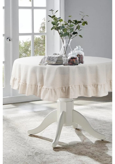 Naturel Fırfırlı Masa Örtüsü Vintage Yuvarlak Krem