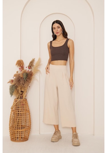 Darlin Moda Bej Yüksek Bel Bol Paça Pantolon Dm3003 Bej