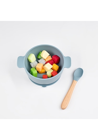 Çocuk Sofra Takımı - Renkli Vantuzlu Kase Ve Tahta Kaşık, Düşmeye Ve Haşlanmaya Karşı Dayanıklı