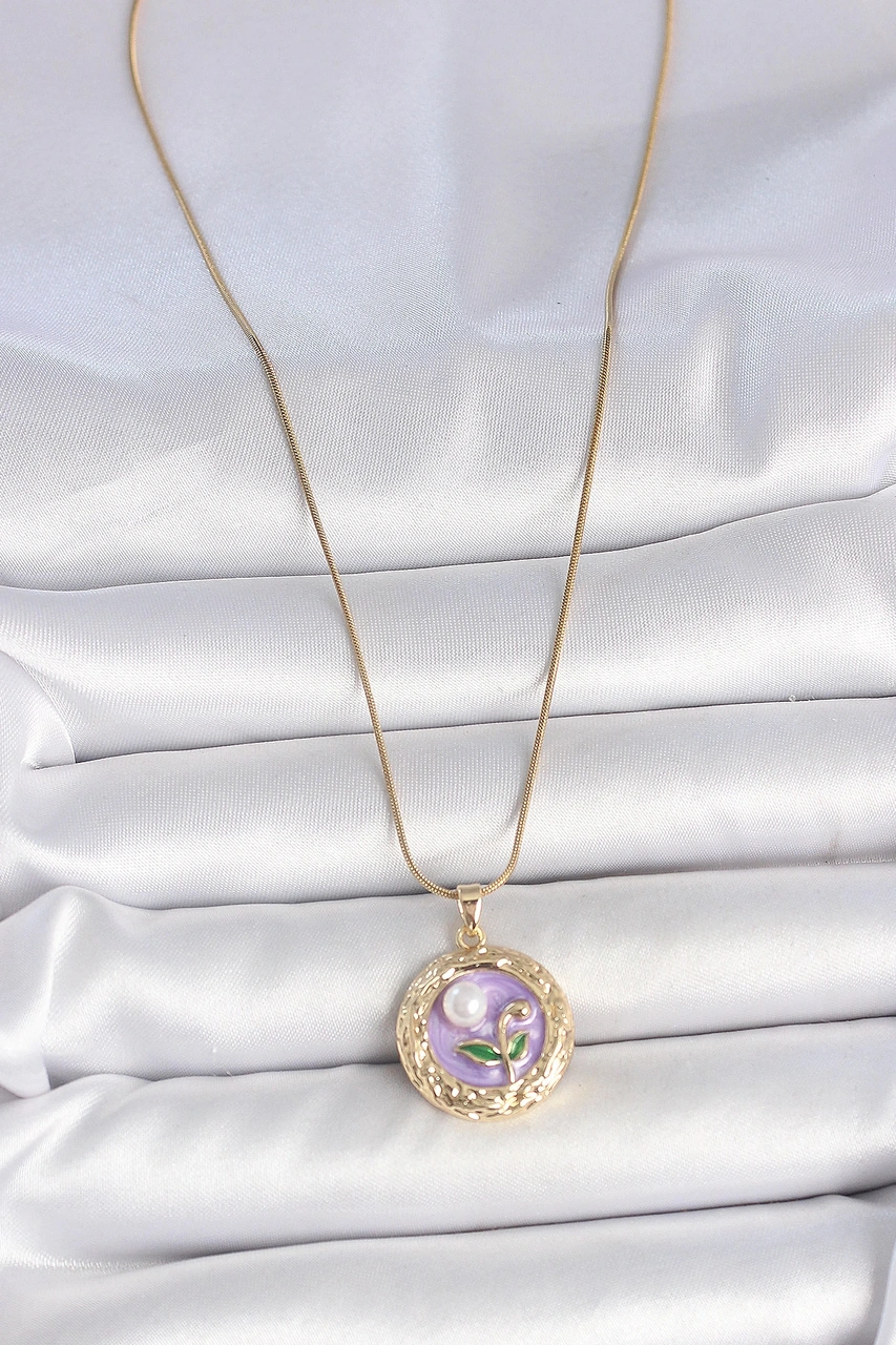 Dodes Dodes 316l Çelik Gold Renk Zincir Mor Çiçek İşlemeli İnci Detay Potre Model Kadın Kolye Tg27bk Çok renkli