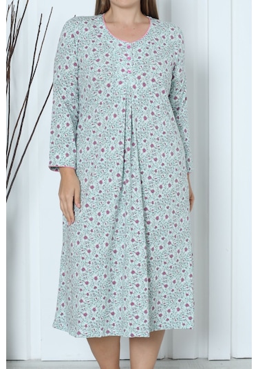 Kadın Tunik Uzun Gecelik Uzun Kollu Büyük Beden Pamuklu Mınt Mint