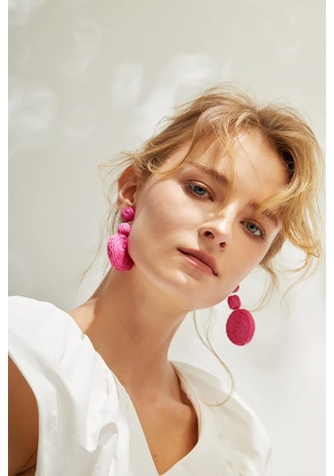 Kadınlar İçin Raffia Top Küpeler, Statement Raffia Yuvarlak Damla Turuncu