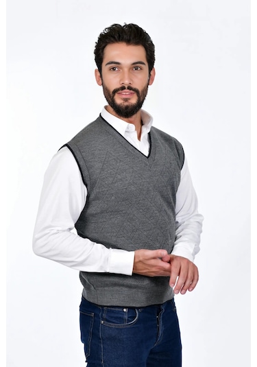 Kamalı Gri Erkek Çelik Örgü Intersiye Kışlık Kalın Triko V Yaka Triko Örgü Tüylenmez Süveter Gri