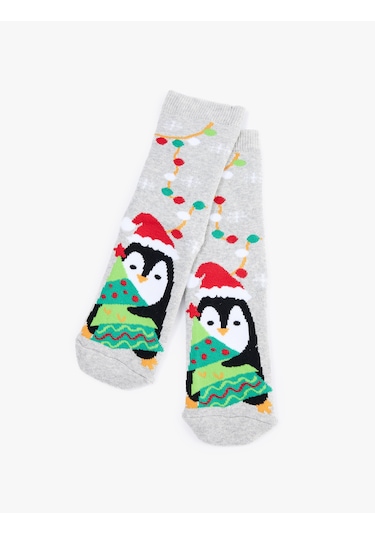 Koton Penguen Desenli Yılbaşı Çorabı Gri 6wkg80016aa Gri