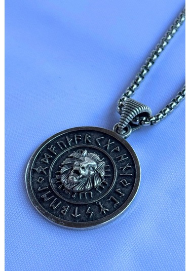 Aslanlı Viking El İşçiliği Paslanmaz Çelik Zincir Erkek Kolye Gümüş