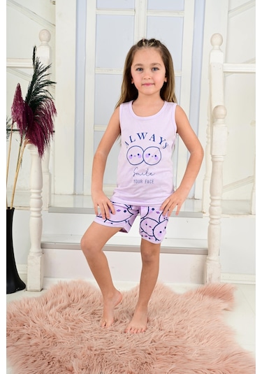 Kız Çocuk Askılı Pijama Takımı Always Smile Somon Lila