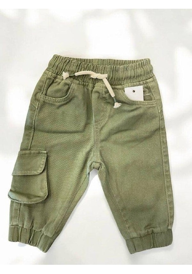 Erkek Bebek Kargo Cepli Beli Paçası Lastikli Dokuma Pantolon-14877 Yeşil