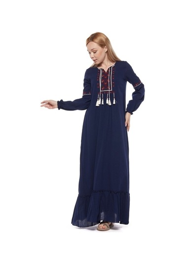 Şile Bezi Lacivert Uzun Kollu Püsküllü Elbise