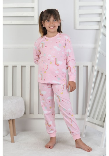 Cute Dreams Pattern Uzun Kollu Kız Çocuk Pijama Takımı Pembe