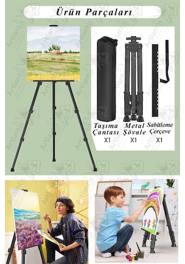 Metal Şövale 1 Adet Siyah Teleskopik Ayaklı Çantalı Resim Şövale Portatif Ayarlanabilir Tripod Üç Ayaklı Alümünyum