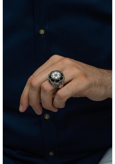 Mührü Süleyman Desenli Yuvarlak 925 Gümüş Erkek Yüzük