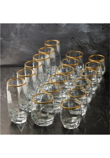 Lav Gold Yaldızlı Diamond 18 Parça Meşrubat Su Takımı