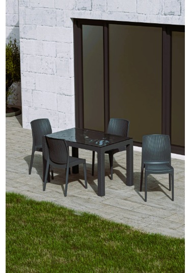 4 Kişilik 70x120 Cm Rattan Masa Takımı Camlı Kolsuz Sandalye