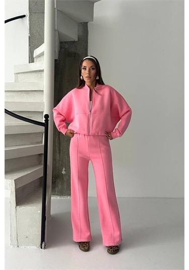 Neşeli Butik Kadın 3 İplik Şardonlu Oversize Eşofman Takımı Nbg105 Pembe