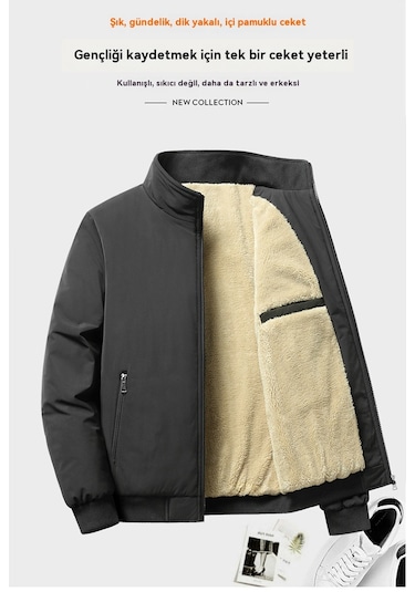 Fleece-lined, Thickened Stand-up Collar Casual Men's Jacket Mavi