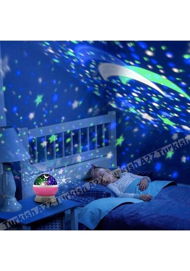 Pembe Dönen Renkli Ay Yıldızlı Gökyüzü Yansıtmalı Projeksiyon Gece Lambası Çocuk Bebek Parti Odası