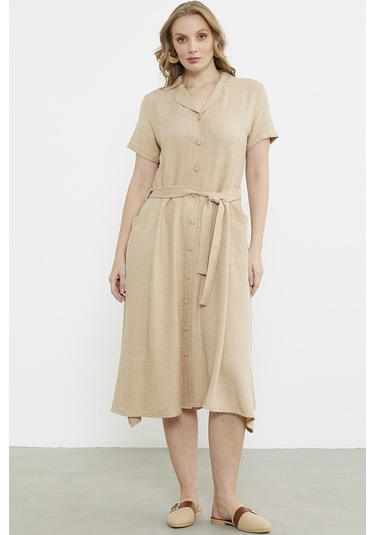 Keten Görünümlü Cepli Gömlek Elbise - Bej Bej