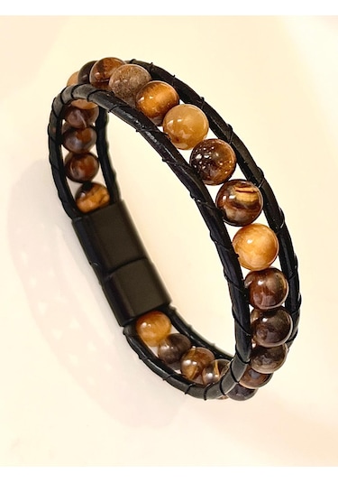 Kaplan Gözü Doğal Taş Çelik Hakiki Deri Erkek Bileklik 21 Cm Kahverengi - Siyah