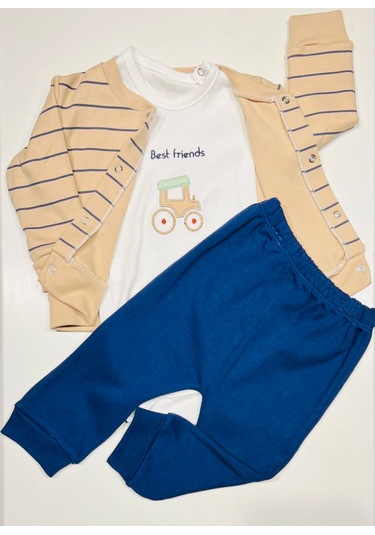 Erkek Bebek Araba Baskılı Pamuklu 3 Lü Takım Açık Bej Açık Bej