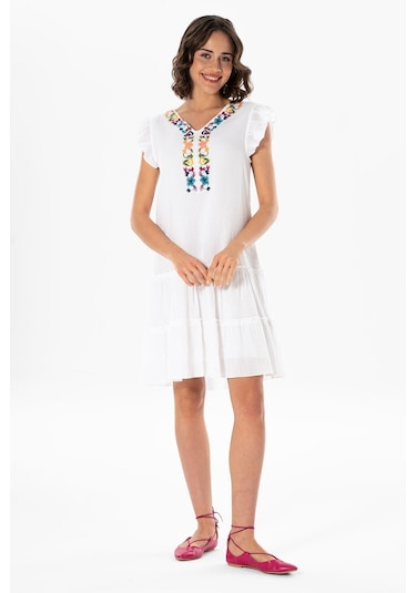 Kolsuz Şile Bezi Nakışlı Delfin Kısa Yazlık Otantik Elbise Beyaz Byz-beyaz
