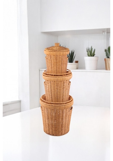 3'lü Hasır Kapaklı Patates Soğan Sepeti Seti Rattan Görünümlü Çok Amaçlı Mutfak Sepeti Kahverebgi