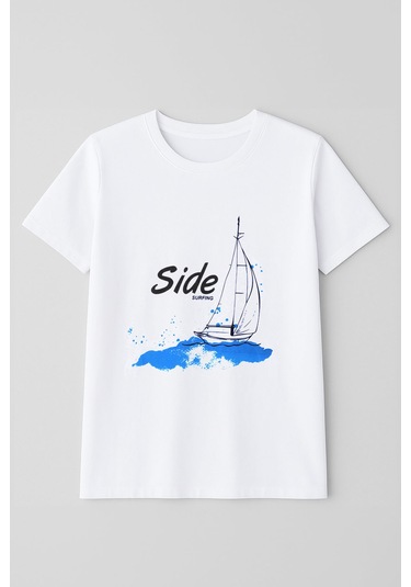 Markapia Kadın Bisiklet Yaka Pamuk Side Baskılı Beyaz T-shirt L