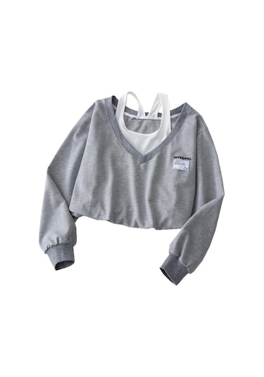 Bej Moda Kadın Sahte Iki Parçalı Straplez Açık Göbek Üst Hazırlık Tarzı Harajuku Swearmshirt Gevşek Rahat Kazak Bej