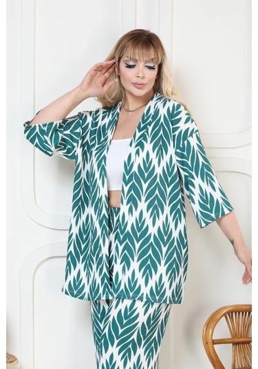 Desenli Kimono Hırkalı 2li Alt Üst Takım Bürümcük Kumaş Yazlık 2xl-6xl Oversize Yeşil