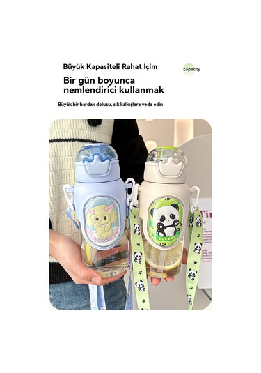 Çizgi Film Çocuk Beyaz Pipetli Çift İçme Bardağı Beyaz